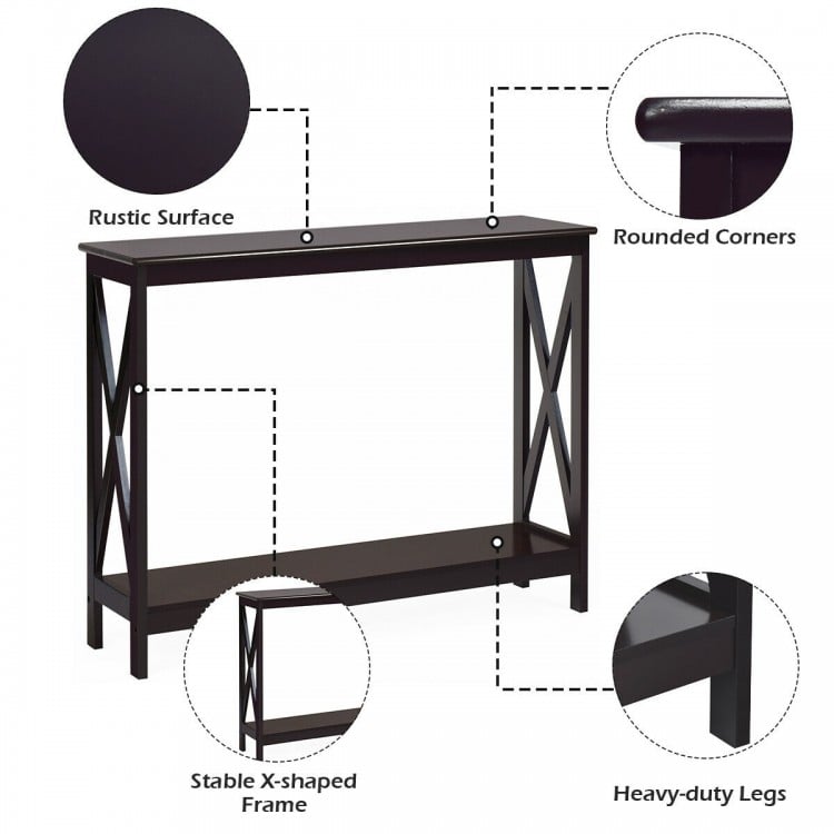 Dark brown 2-tier console table with X-shaped design and rounded corners, ideal for living rooms and entryways.