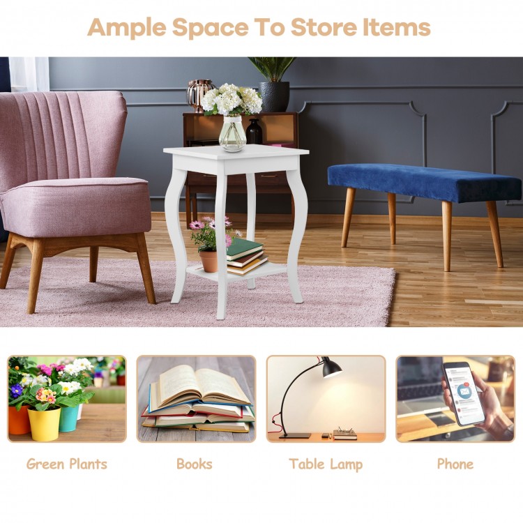 White accent side table with shelf, made of solid wood and MDF, ideal for living room storage and decoration.