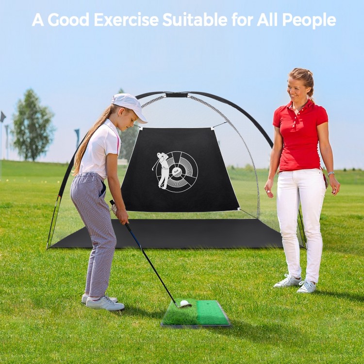 Portable 10 feet golf practice set with net and target, ideal for indoor and outdoor skill improvement.