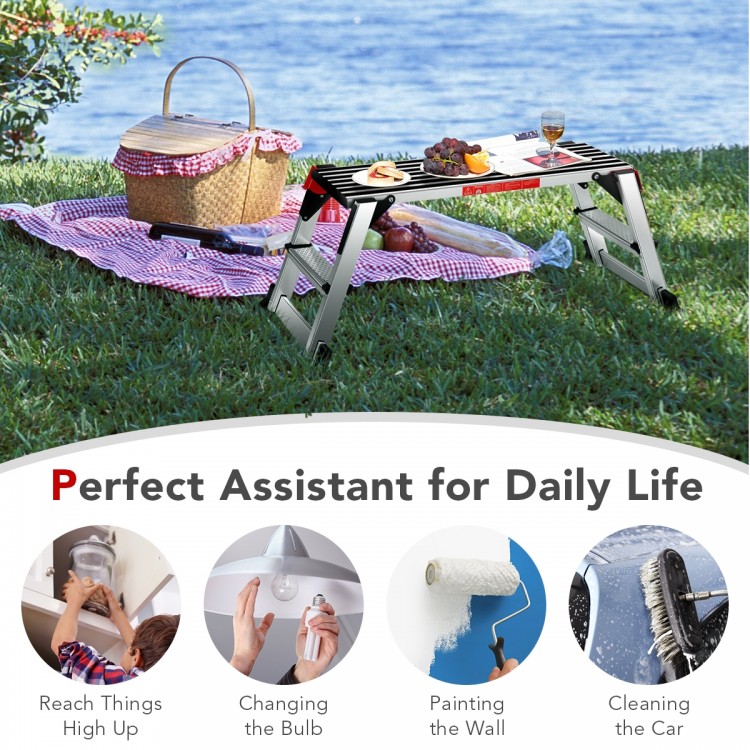 Folding aluminum step stool ladder with non-slip rubber pads, ideal for reaching high places and easy storage.