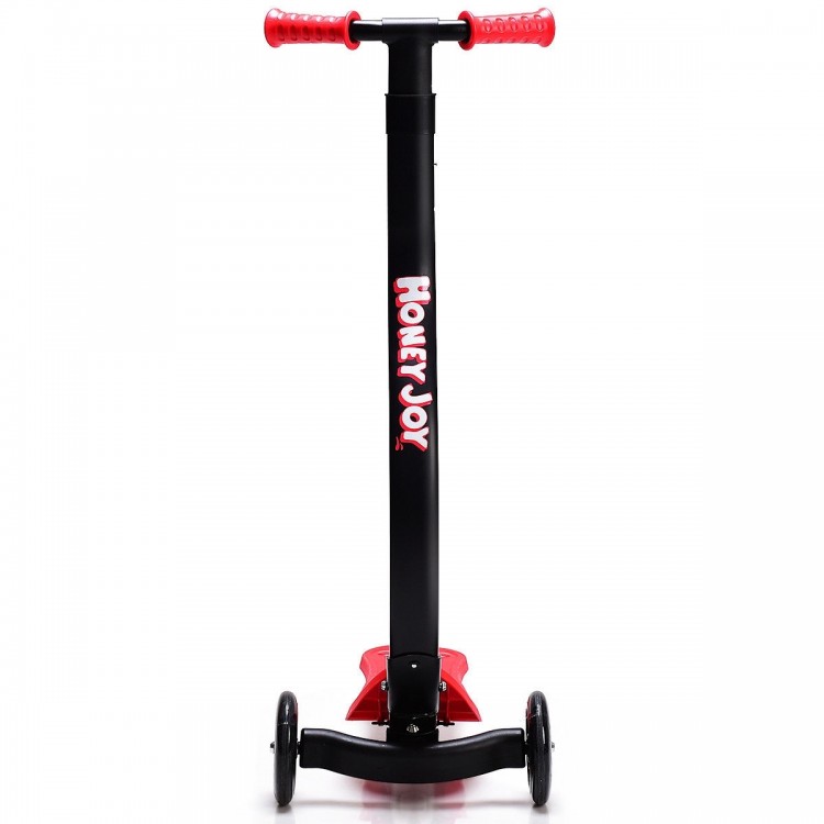 Folding kids scooter with a red curved handlebar and three wheels, designed for balance and easy transport.