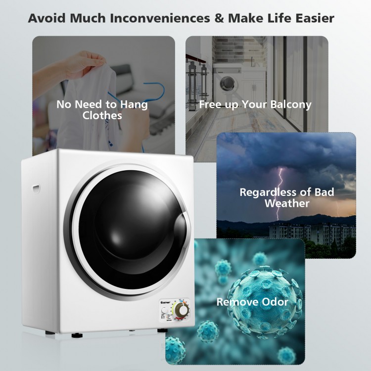 1.5 cu. ft. stainless steel clothes dryer with see-through window, wall-mounted for convenient drying of up to 10 lbs.