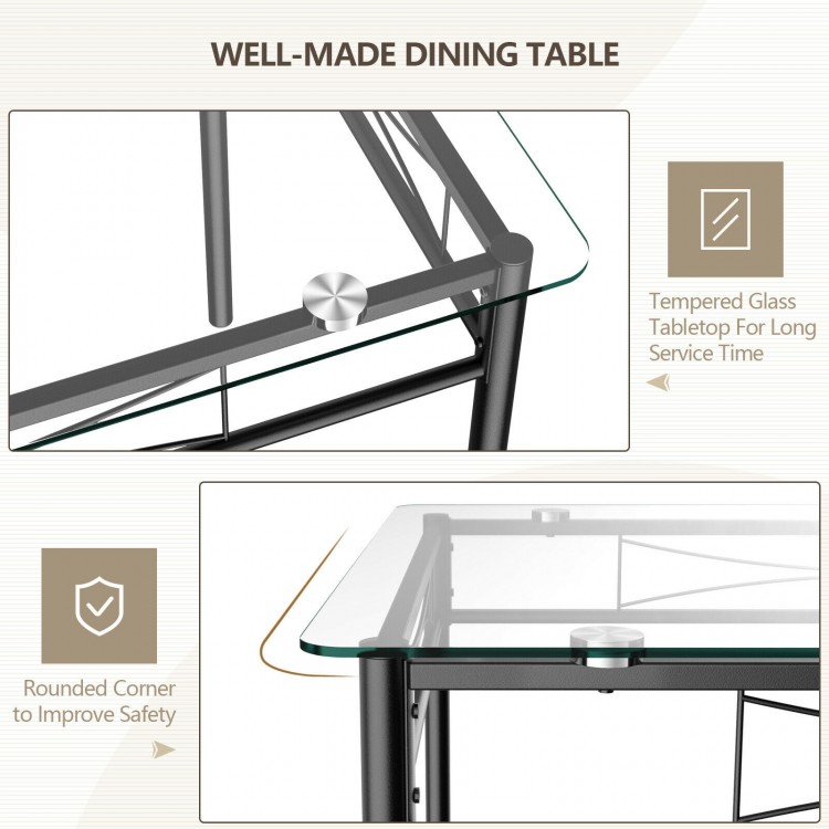 Tempered glass tabletop of a dining table with rounded corners for safety, part of a 5-piece dining set.