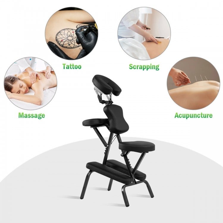 Foldable PU leather massage chair with adjustable face cradle and armrest, ideal for travel and versatile use.