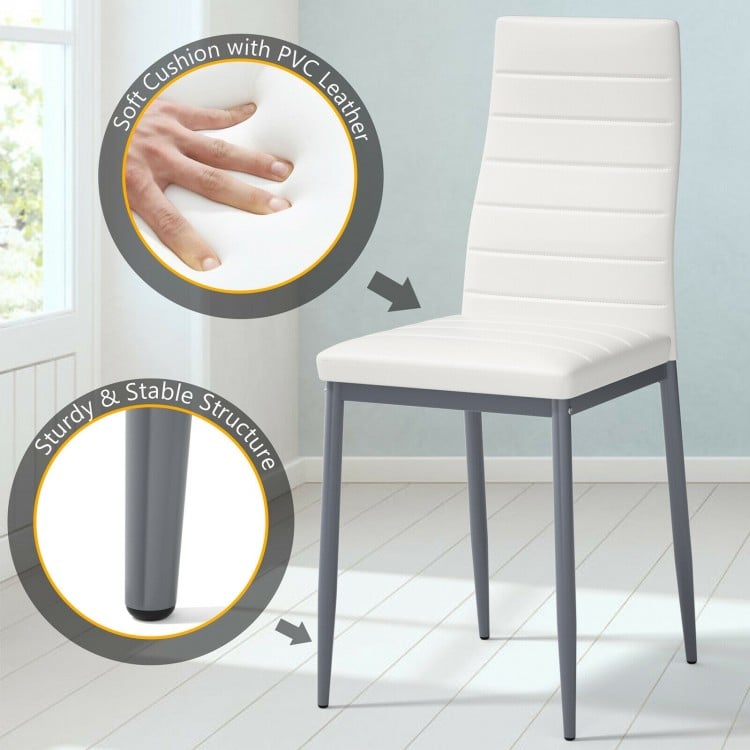 White PVC leather dining chair with a soft cushion, featuring a sturdy structure for modern dining rooms.