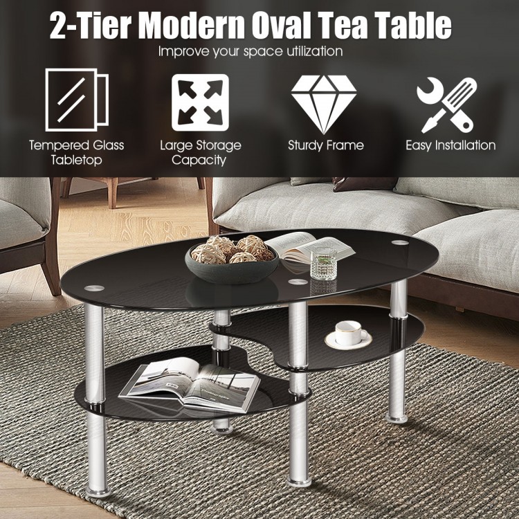 Elegant black tempered glass oval coffee table with two bottom shelves for extra storage, perfect for living room use.
