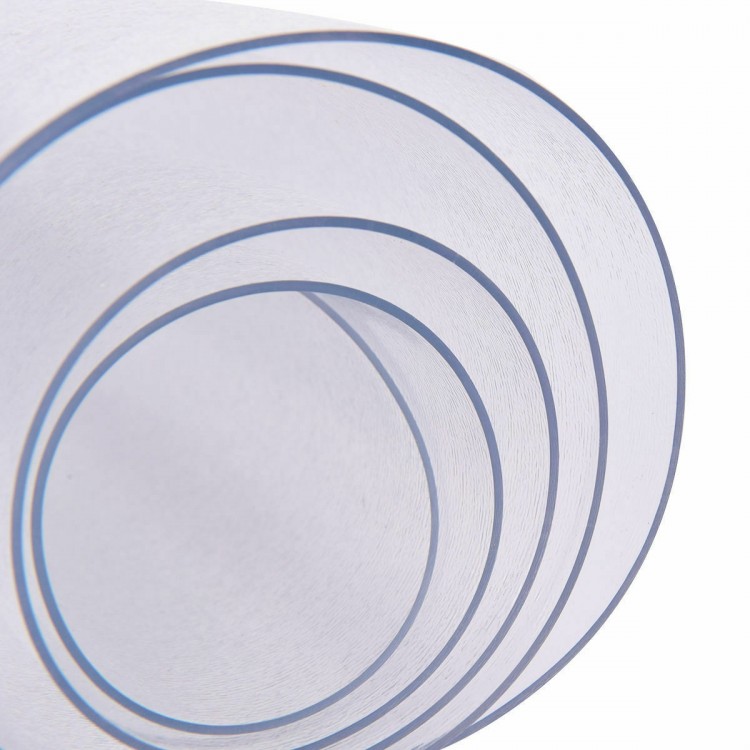 Transparent PVC chair floor mat rolled up, 47 x 47 inches, non-slip underside for hardwood floor protection.