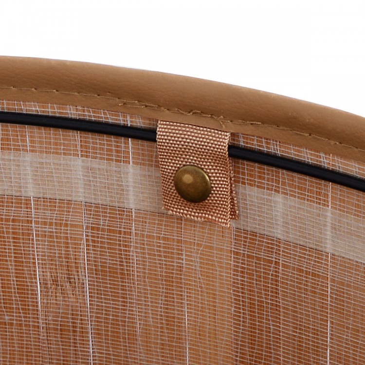 Close-up of the bamboo corner hamper laundry basket showing the PU leather handle and retractable liner for odor.