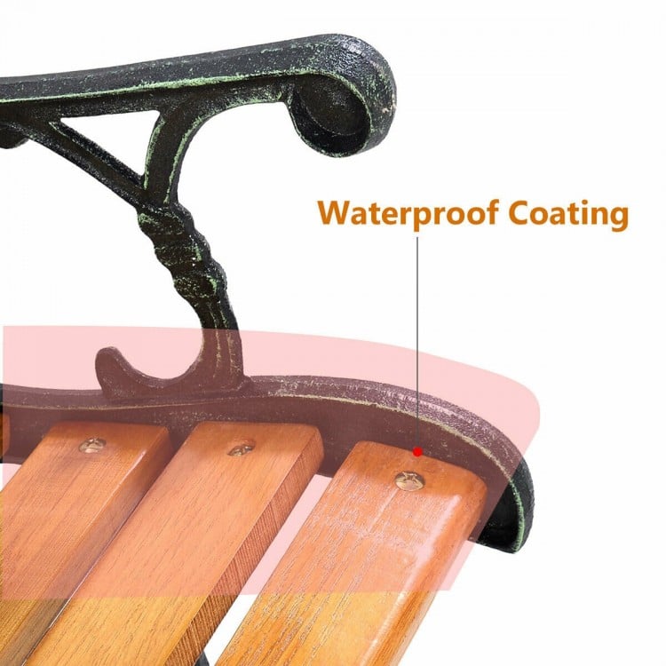 Close-up of the waterproof coating on the cast iron frame of the Outdoor Cast Iron Patio Bench Rose, ensuring.
