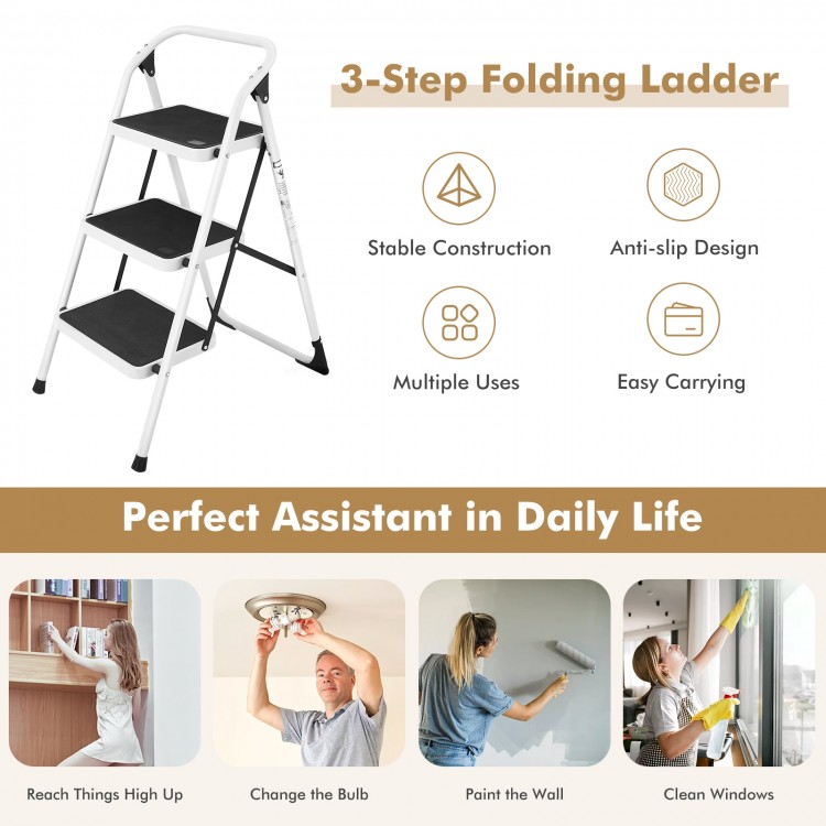 3-step folding ladder with anti-slip platform and handgrip, ideal for home use and easy to carry for various tasks.