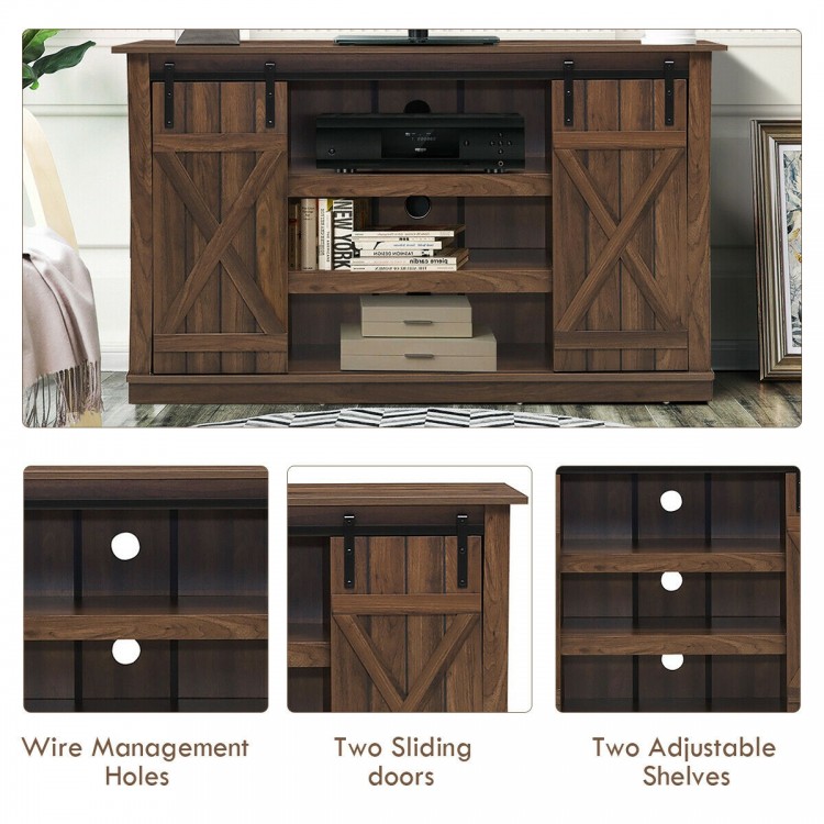 Sliding barn TV stand in brown with sliding doors, accommodates TVs up to 60", features cable management for a tidy.