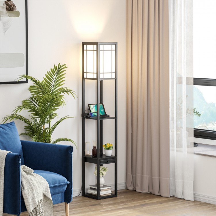 Modern floor lamp with shelves and drawer, showcasing its compact vertical design and soft white lampshade in a living.