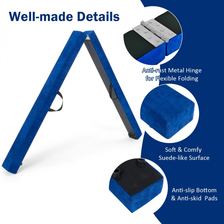 Blue 7 feet folding balance beam with suede-like surface, anti-slip pads, and metal hinge for gymnasts' training.