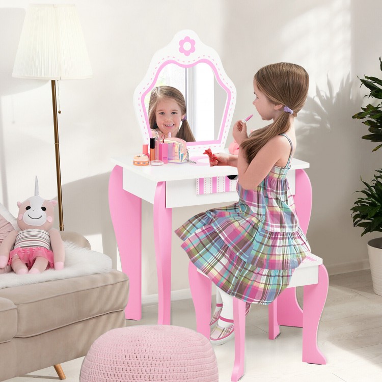Toddler vanity set in pink with detachable mirror, featuring flower patterns, perfect for children's makeup and play.