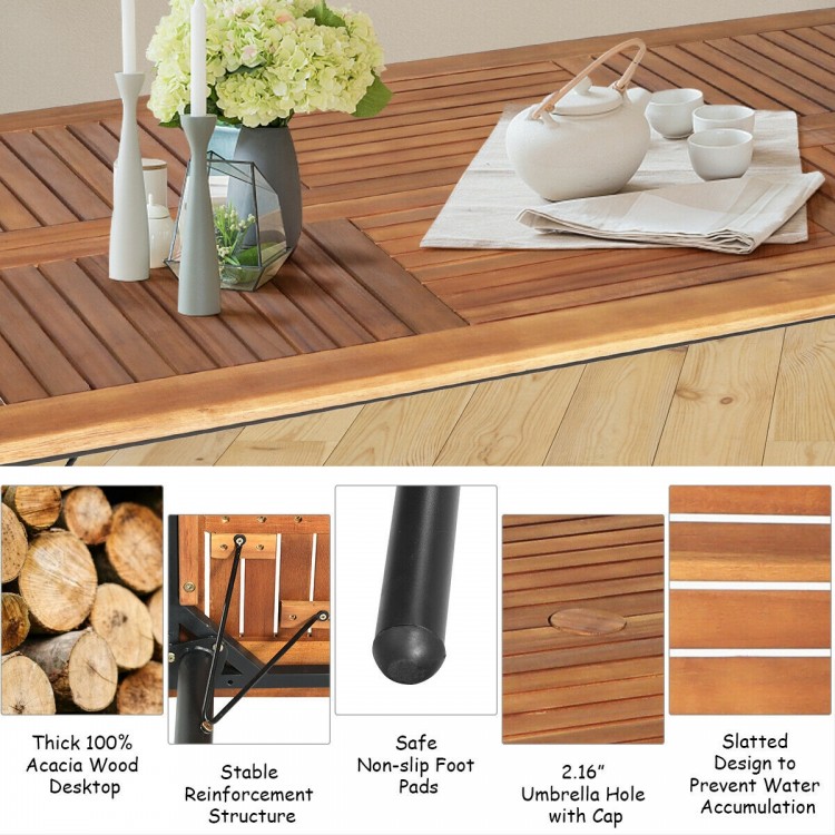 Spacious acacia wood tabletop with slatted design, featuring a 2.16” umbrella hole for outdoor dining enjoyment.