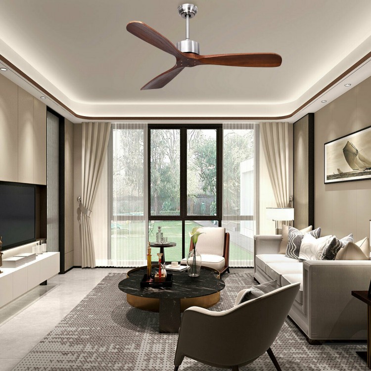 52-inch modern ceiling fan with brushed nickel finish and solid wood blades, ideal for living room air circulation.
