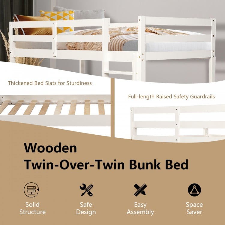 Twin-over-twin wooden bunk bed in white with safety guardrails and wide ladder, ideal for space-saving in children's.