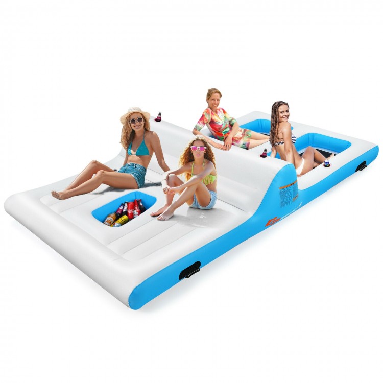 Four-person inflatable lounge raft in white and blue, featuring cup holders and ergonomic backrests for pool or lake.