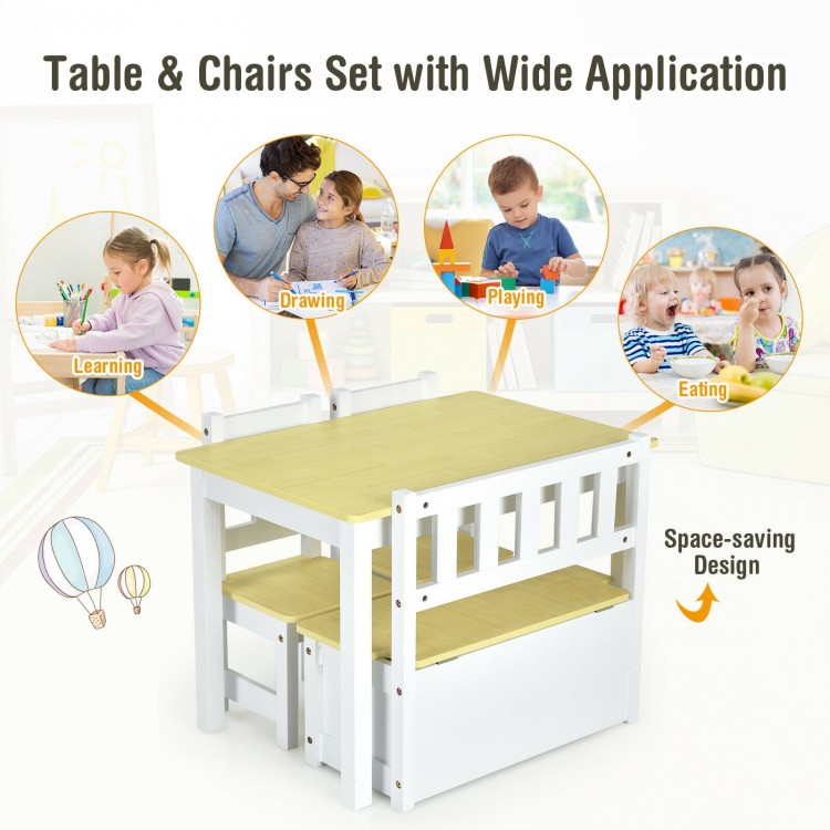 Kids wooden activity table and chairs set with storage bench, ergonomic design for learning, playing, and eating.