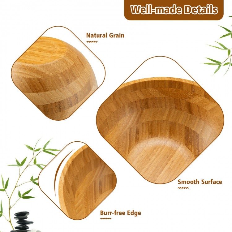 Close-up of the bamboo salad bowl set showcasing natural grain, smooth surface, and burr-free edges for safe use.