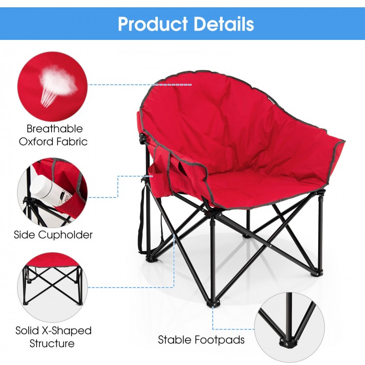 Red folding camping moon chair with breathable oxford fabric, steel frame, and side cup holder for outdoor activities.