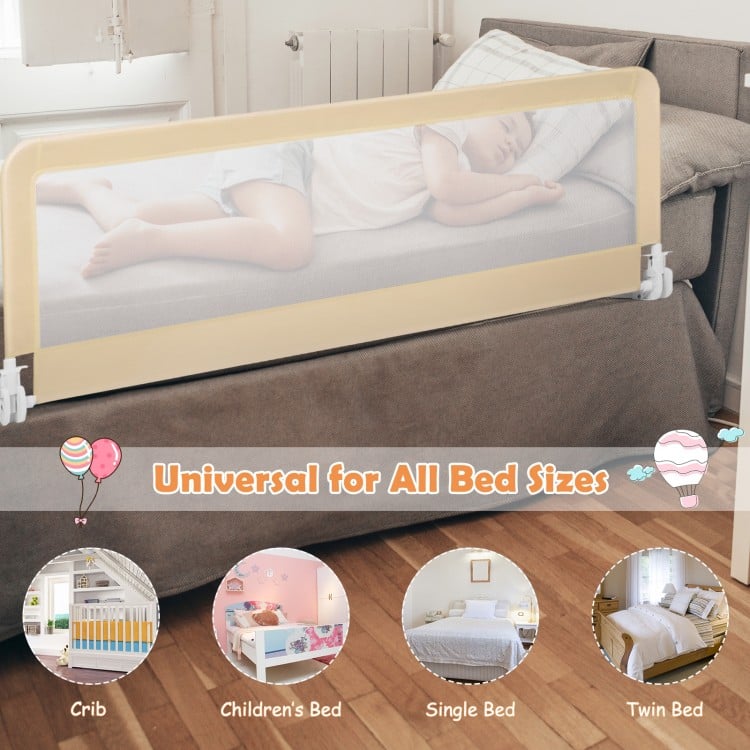 Extra long 59-inch beige bed rail guard for toddlers, made of steel with breathable mesh, suitable for all bed sizes.