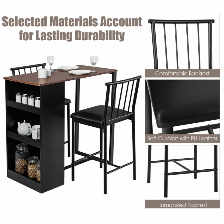 Counter height pub dining set featuring a triangular table and two ergonomic chairs with PU leather cushions for.