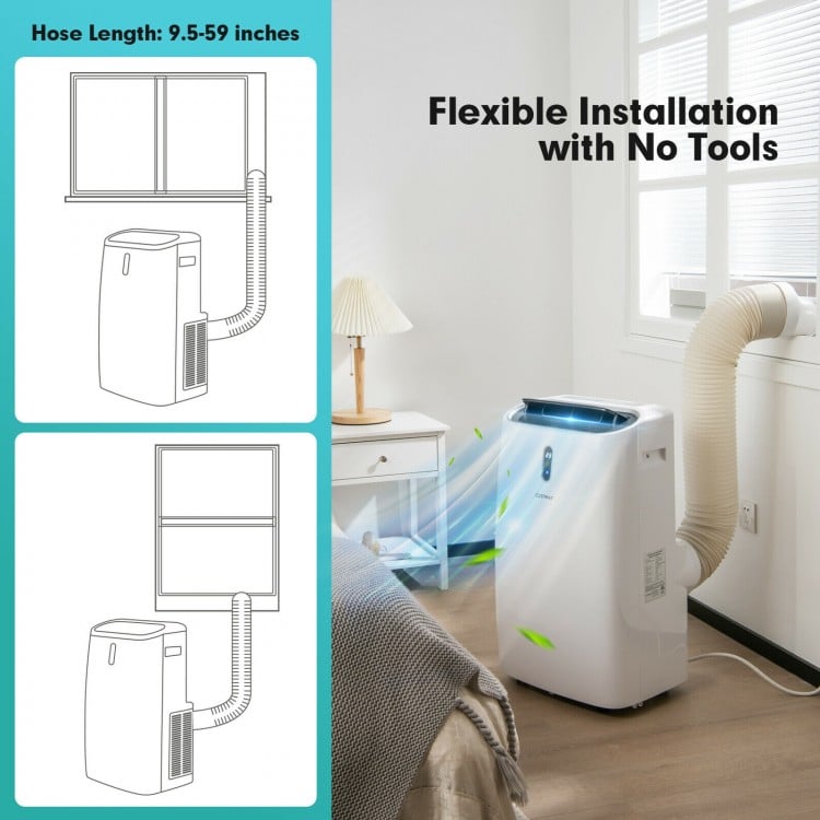 Portable 12000 BTU air conditioner with flexible installation, 4-in-1 functions, and 70° oscillation for effective.