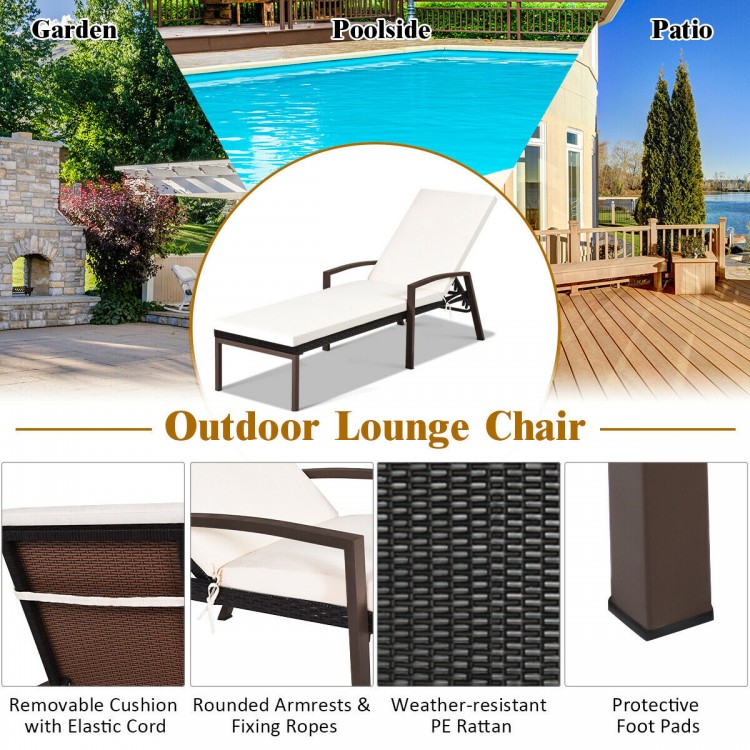 Outdoor lounge chair with adjustable backrest, removable white cushion, and weather-resistant PE rattan for patio use.
