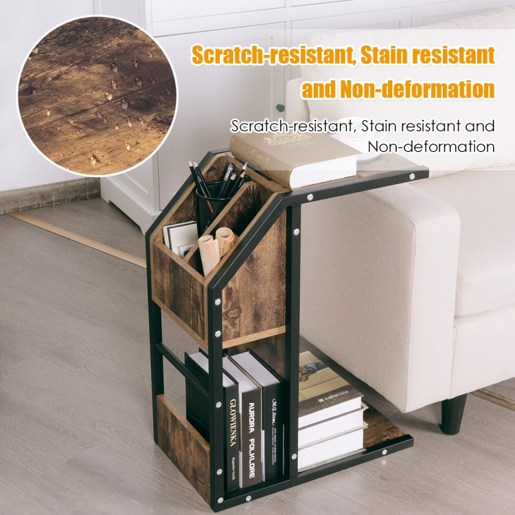 C-Shape snack end table with storage space, made of durable particle board and metal frame, ideal for living room.