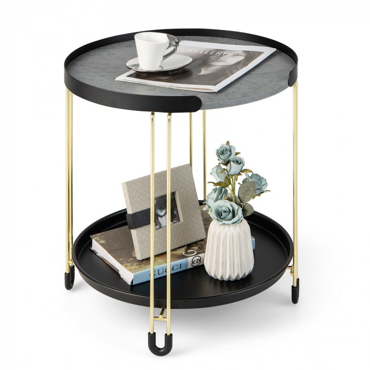 Round 2-tier side table with removable tray, grey dolomite top, and sturdy golden metal frame for small spaces.