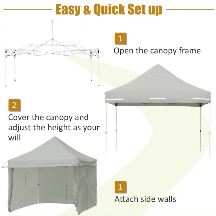 Pop-up gazebo with adjustable height, gray oxford fabric, and removable sidewalls for outdoor events and gatherings.