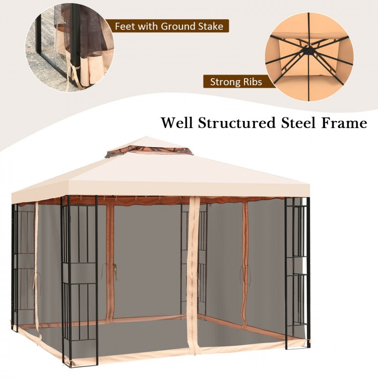 10x10 feet 2-tier vented metal canopy with mosquito netting, featuring a rust-resistant steel frame for outdoor events.