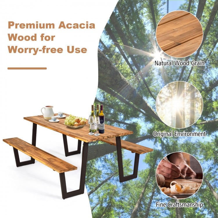 70-inch dining table set made of acacia wood with metal frame, featuring an umbrella hole for outdoor use.