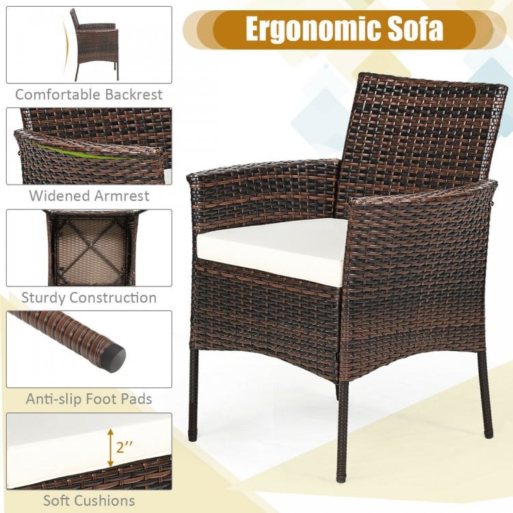 Single armrest sofa from the outdoor 5 pieces dining table set, featuring weather-resistant PE rattan and soft cushions.