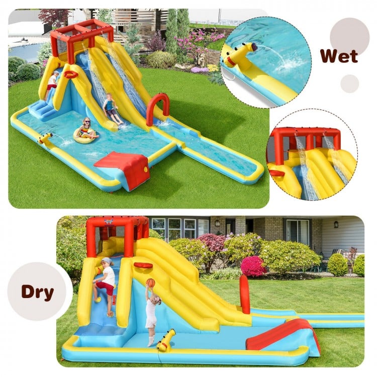 Inflatable dual slide water park with climbing wall, basketball hoop, and swimming pool for outdoor fun.