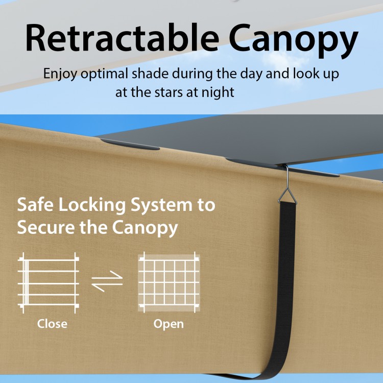 Retractable canopy detail of a 10 x 13 feet outdoor aluminum pergola shelter in beige, ideal for outdoor gatherings.