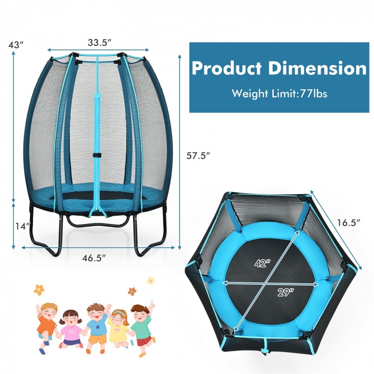 4 feet kids trampoline with enclosure net, solid steel frame, and safety features for indoor and outdoor play.