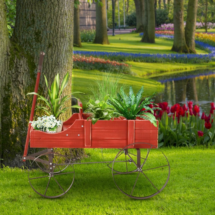 Wooden wagon plant bed in red, showcasing a side view with vibrant plants, perfect for enhancing any garden or patio.