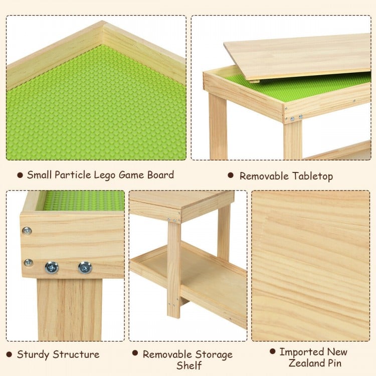Solid multifunctional wood kids activity play table with removable tabletop and double storage space for toys and books.