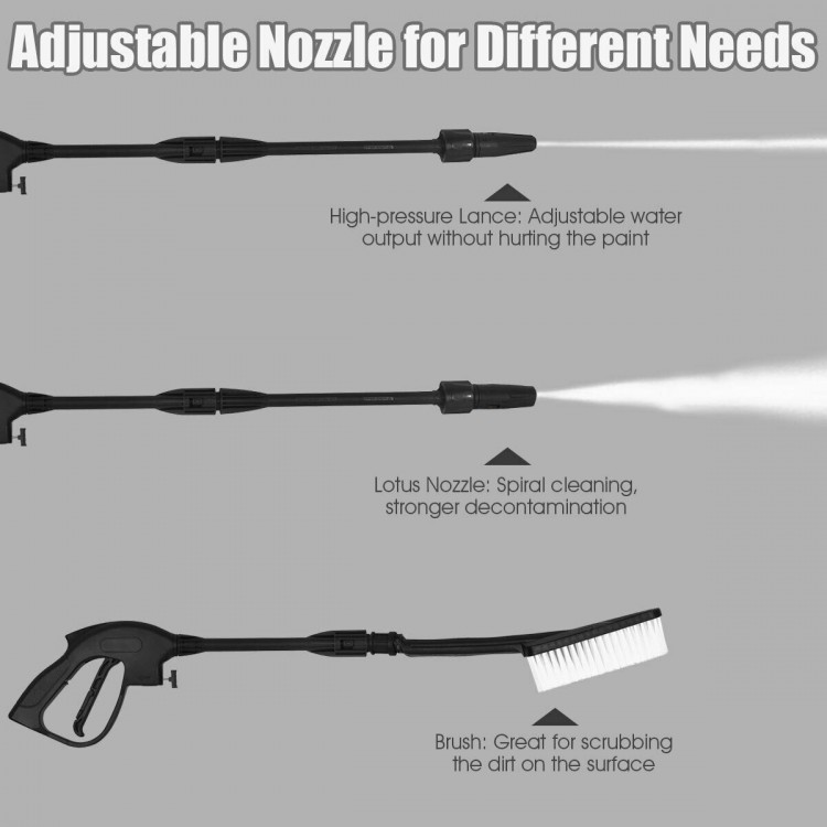 Adjustable nozzles for the 1800W electric pressure washer, offering various spray patterns for effective cleaning tasks.