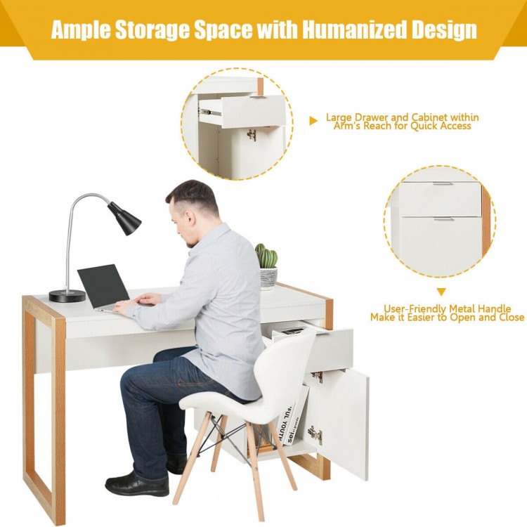 Modern white computer desk with large drawer and cabinet, perfect for study or work, enhancing home aesthetics.