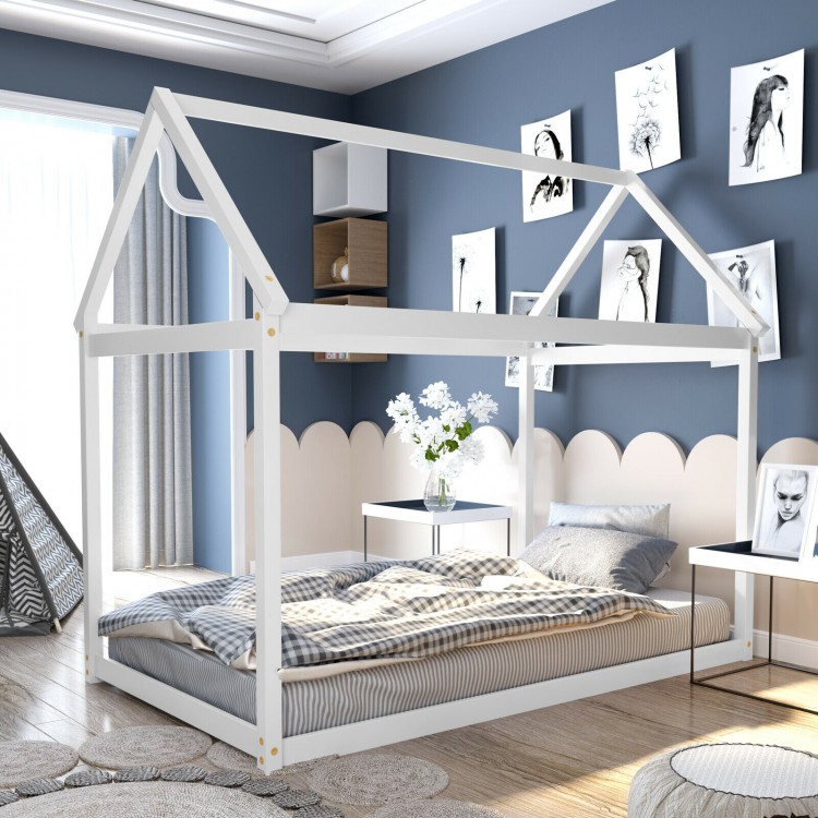 White kids platform floor bed with roof, sturdy wooden frame, ideal for toddlers to teens, featuring heavy-duty slats.