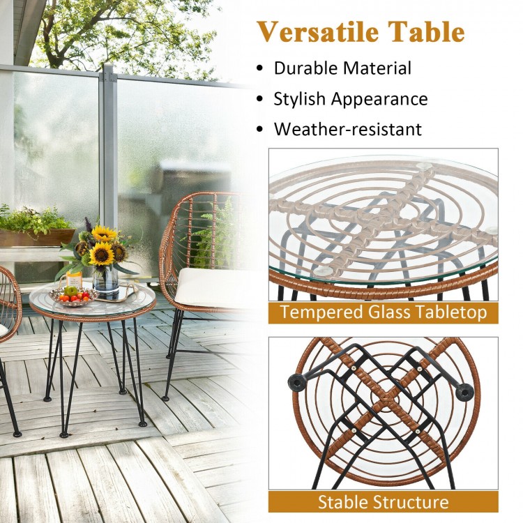 Side view of a versatile patio table with a tempered glass top and stable iron legs, perfect for outdoor settings.