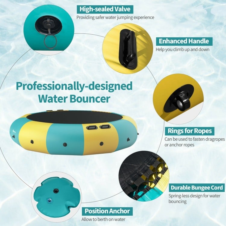 Inflatable 15 feet water bouncer trampoline in yellow with durable bungee cord, designed for water sports and.