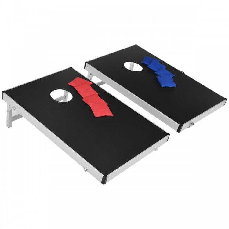 Cornhole set featuring two foldable game boards with red and blue sandbags, ideal for outdoor fun and easy transport.