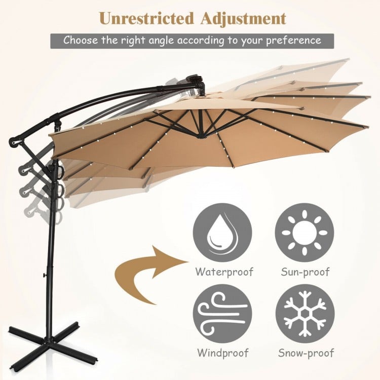 Beige 10 ft solar-powered LED patio offset umbrella with 360° rotation and weather-resistant fabric for outdoor use.