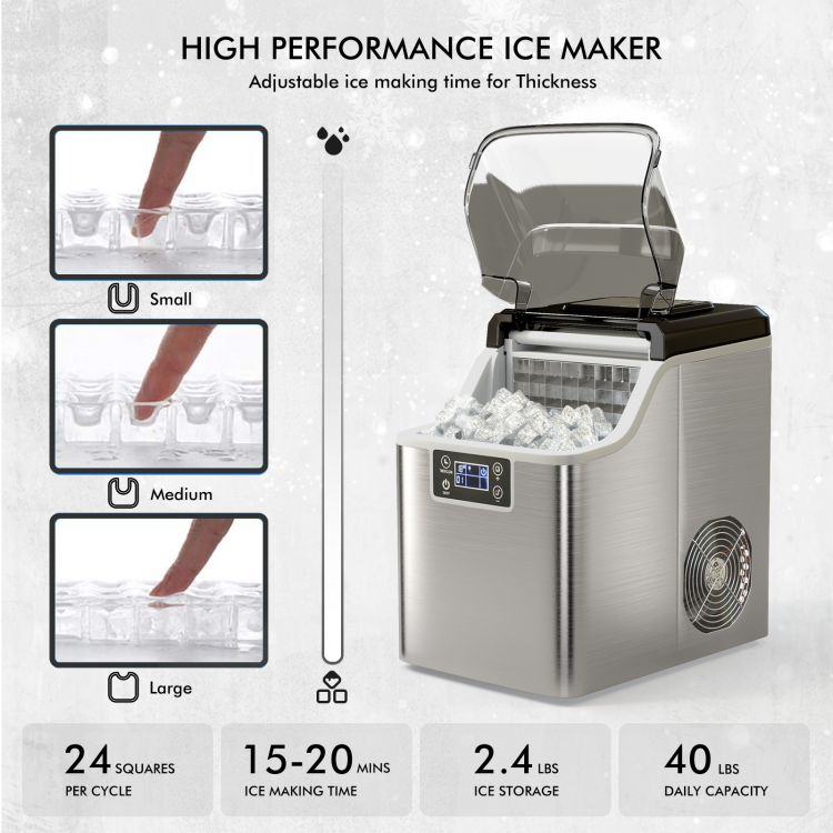 Electric portable countertop ice maker in silver, producing 24 square ice cubes per cycle for summer cooling.