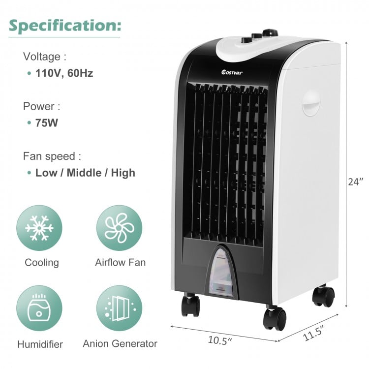 3-in-1 portable evaporative air cooler with honeycomb pad, 3 wind speeds, and caster wheels for easy mobility indoors.