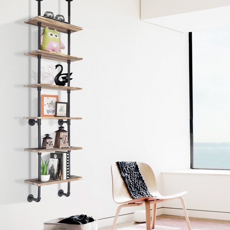 6-tier industrial wall-mounted pipe shelves with thick MDF boards, ideal for displaying plants and photos in any room.